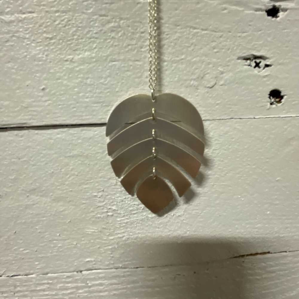 Long sliver leaf necklace . Aprox 19” long.